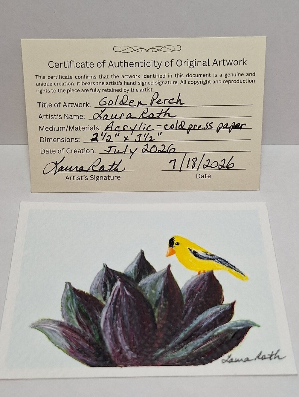 "Golden Perch" Hand-painted acrylic painting (Tiny original artwork!) - Picture 10 of 10